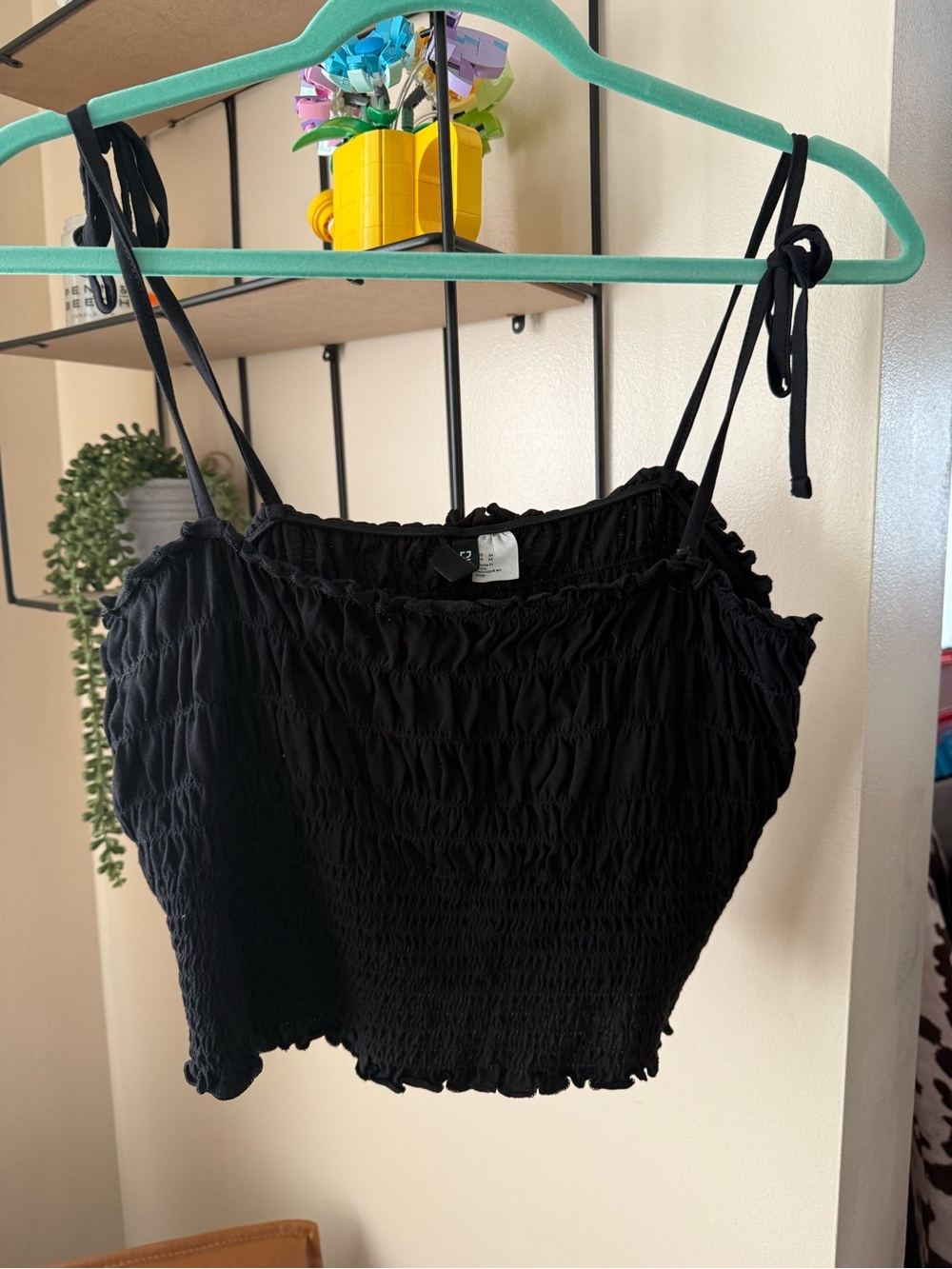 Divided Black Smocked Tie-Strap Camisole